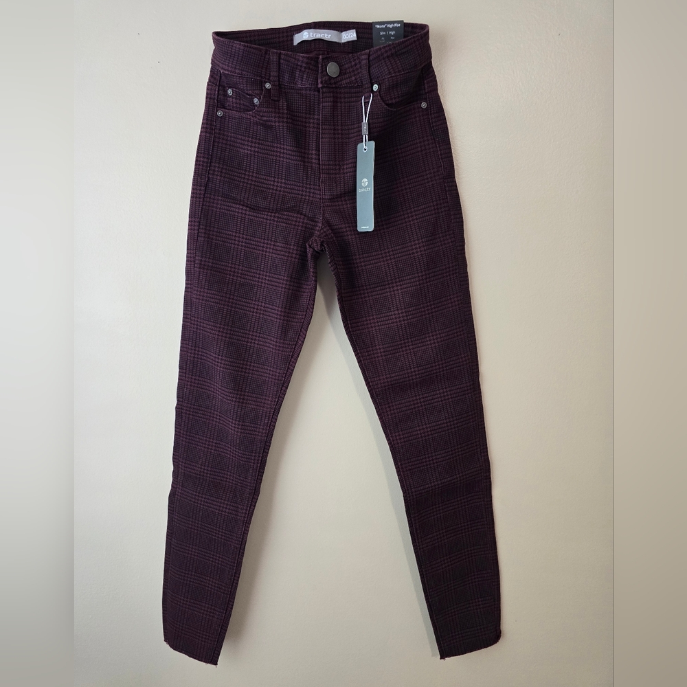NWT TRACTR Plaid Skinny Jeans in Burgundy